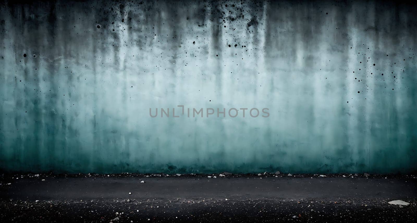 The image is a blue and white mural on a wall with a grungy texture.