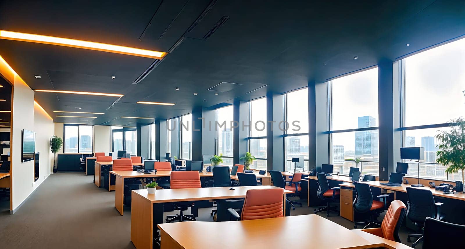 The image shows a modern office with large windows, wooden floors, and white walls.