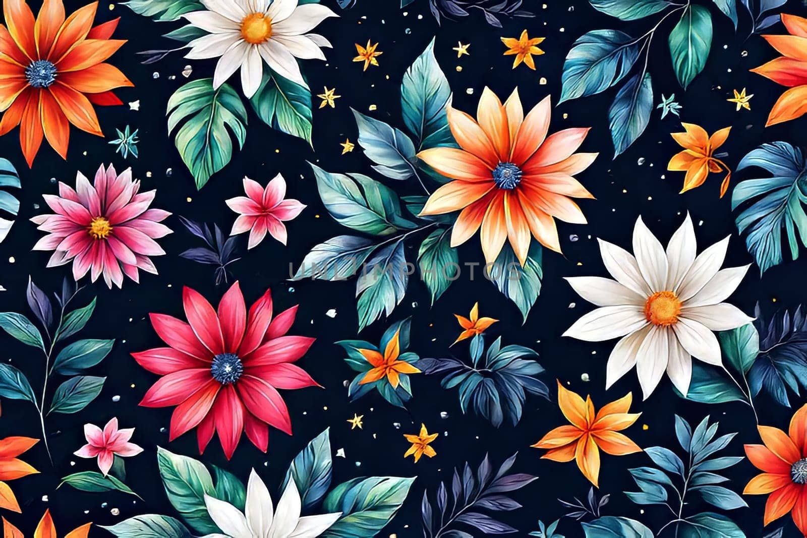 Vibrant colorful flowers set against dark background. For meditation apps, on covers of books about spiritual growth, in designs for yoga studios, spa salons, illustration for articles on inner peace