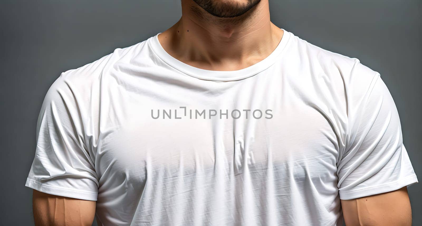 The image is a man wearing a white t - shirt with no other clothing.
