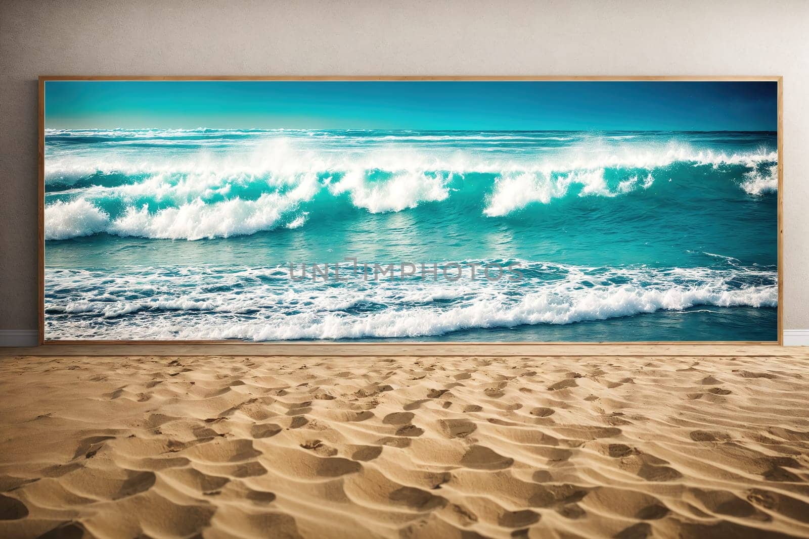 The image is a photograph of a large wave crashing against the shore on a sunny day.