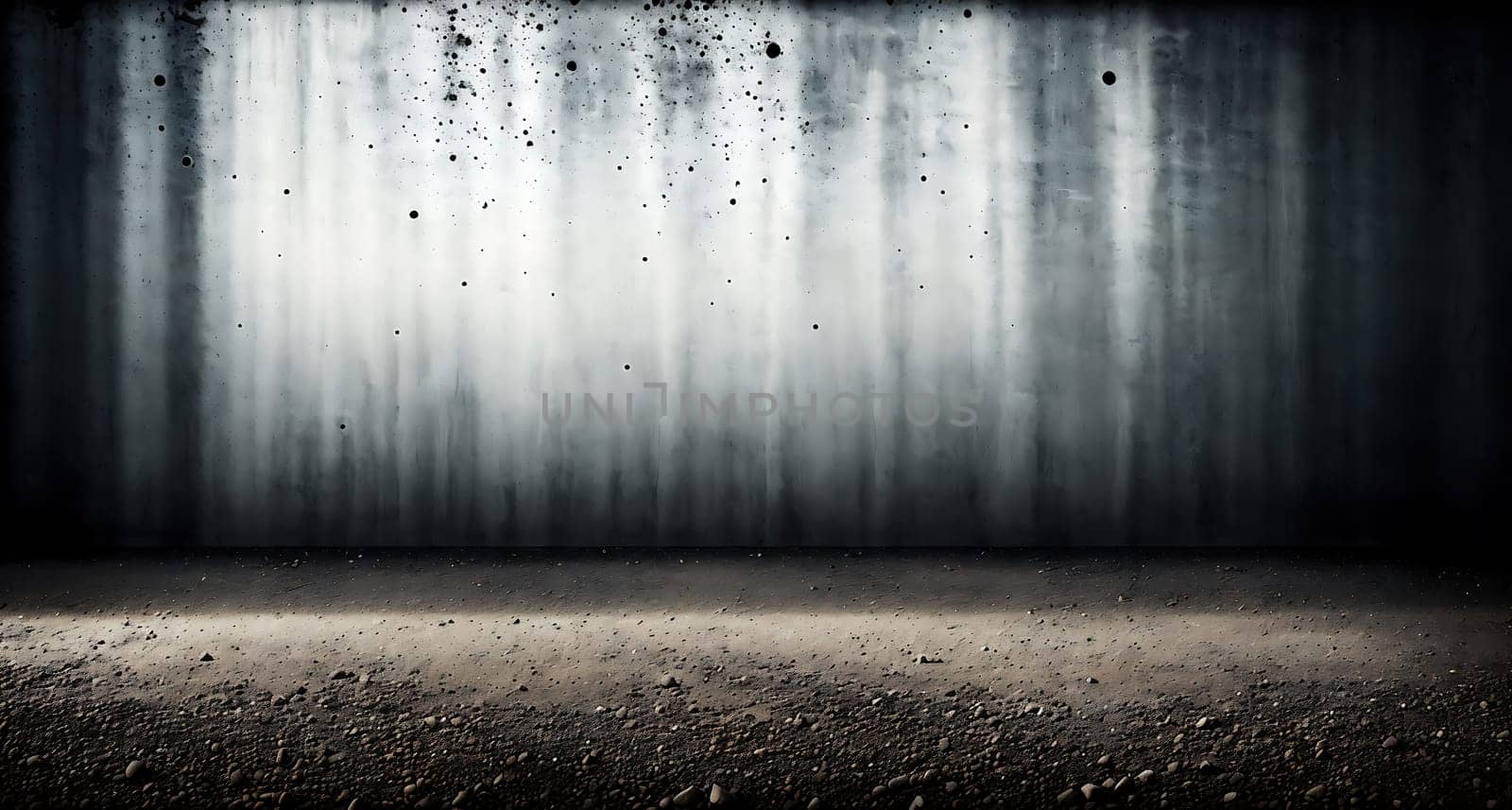 The image is a black and white photograph of an empty room with a large, grungy wall in the background.