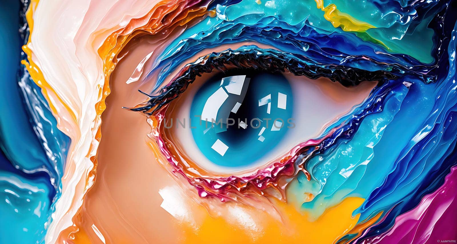 The image is a colorful and abstract representation of a womans face with vibrant, swirling colors and textures.