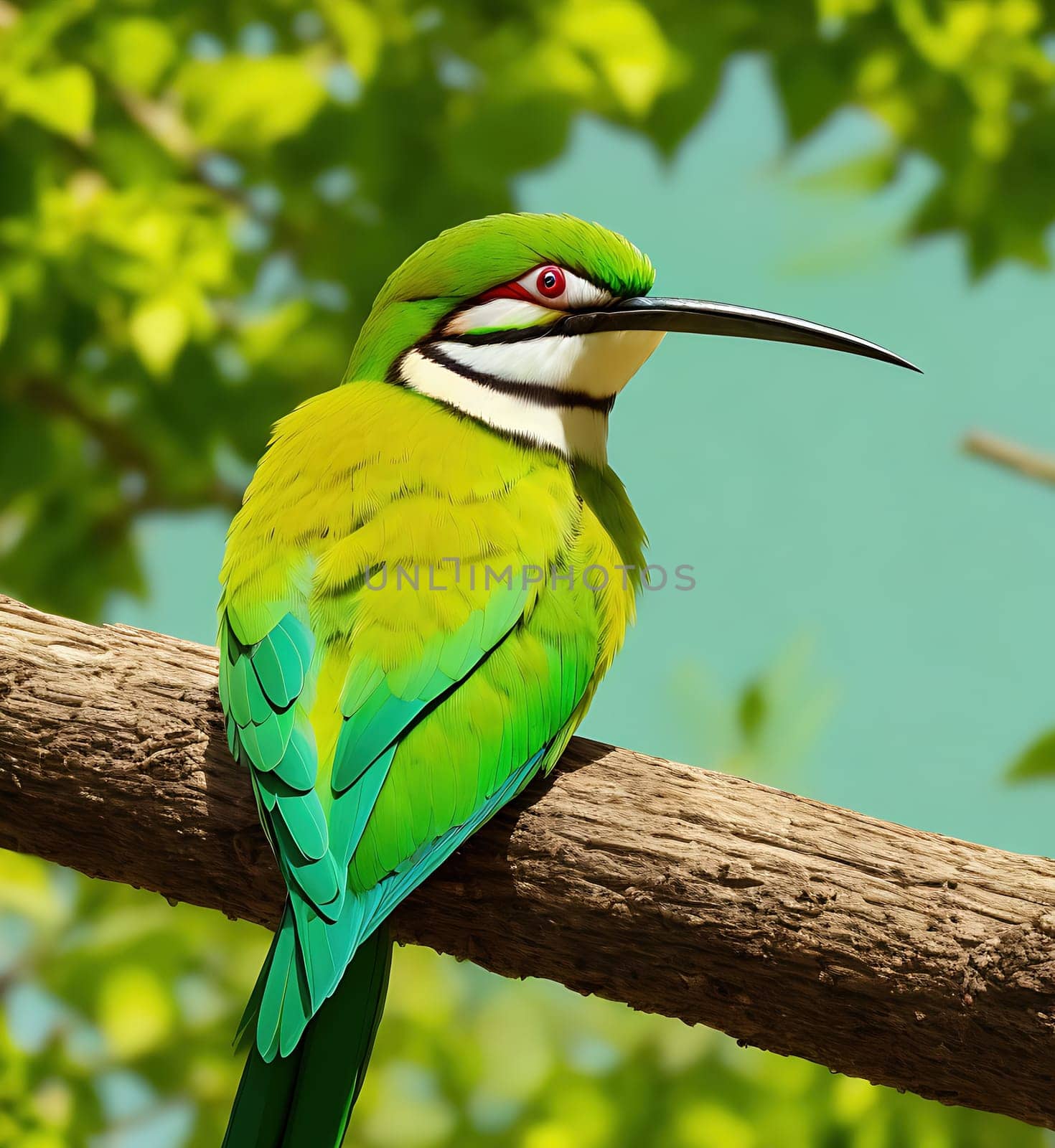 The image shows a green and yellow bird perched on a tree branch with its beak open and looking directly at the camera.