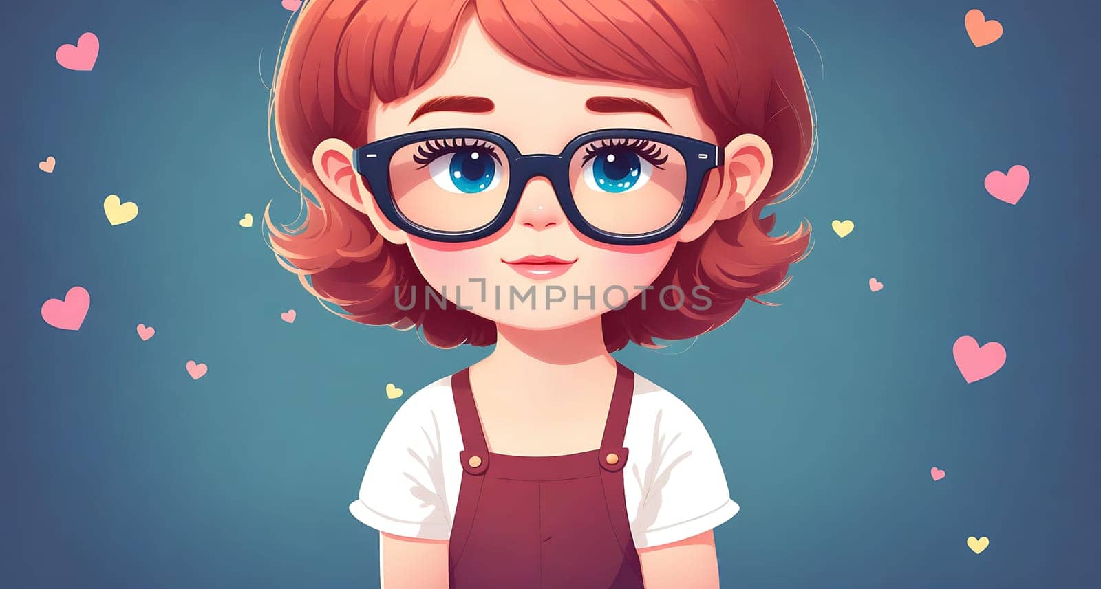 The image shows a young girl wearing glasses and a white shirt, standing in front of a pink background with hearts floating around her.