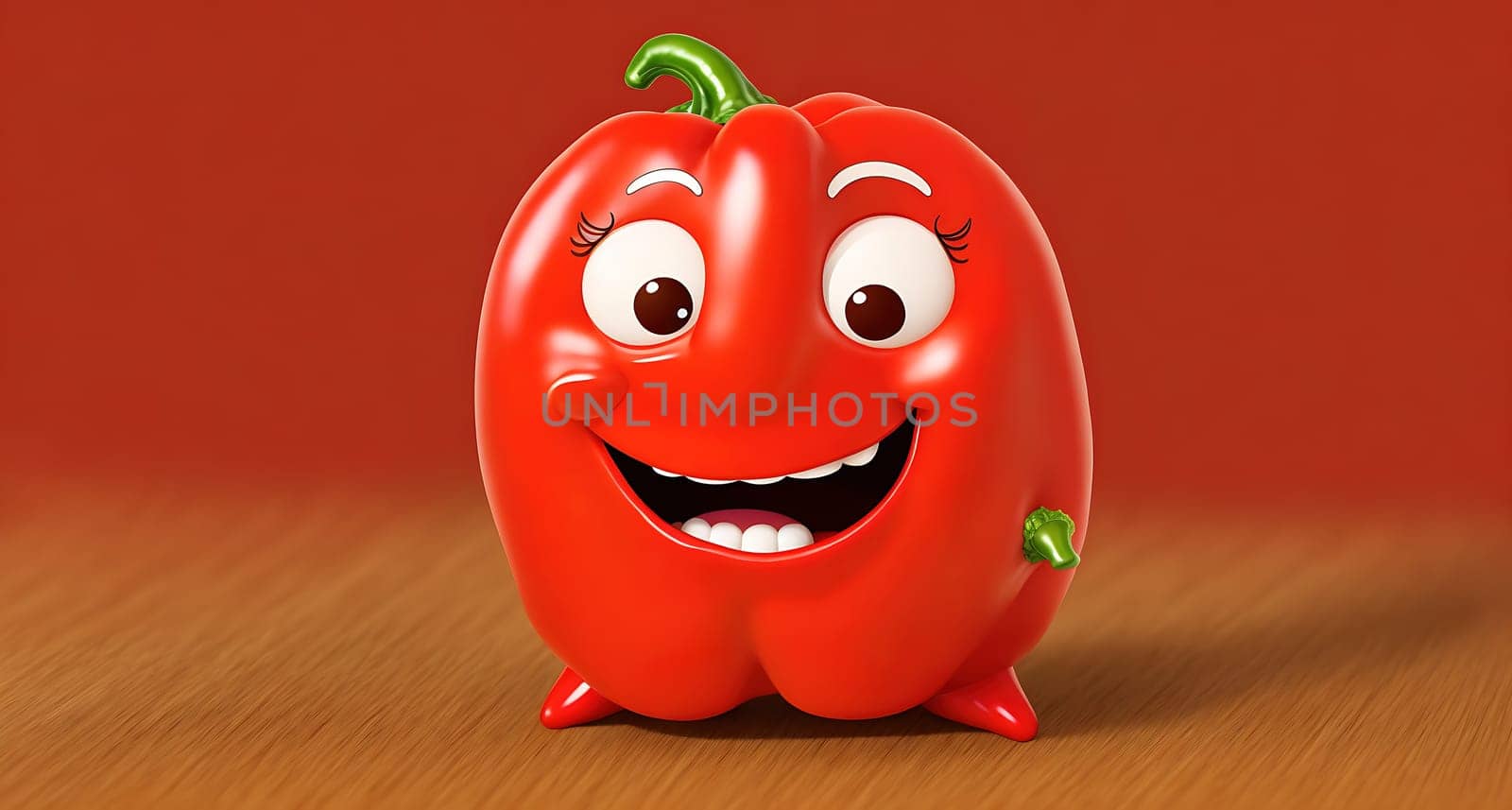 The image is of a smiling red pepper with a big smile on its face.