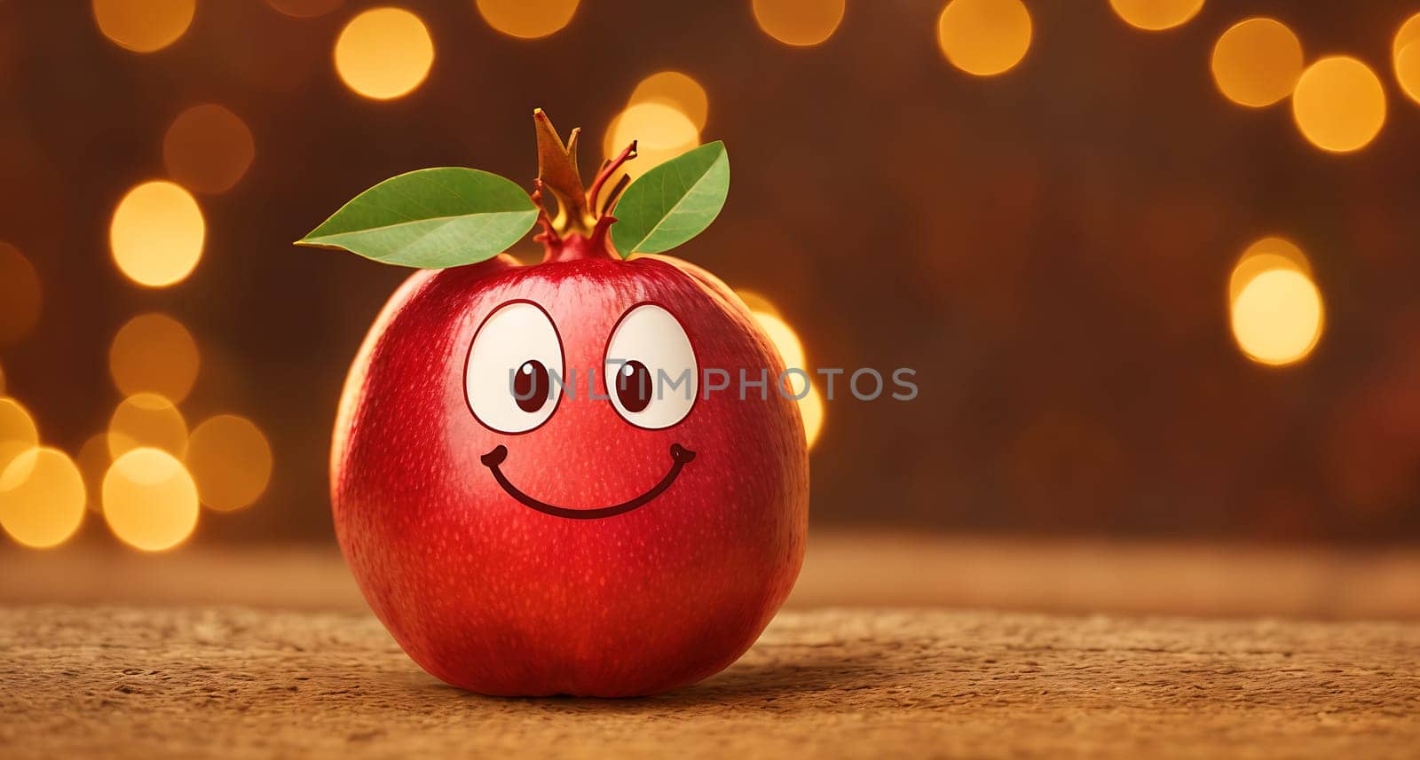 The image is a red apple with a smiling face on it, sitting on a wooden surface with a background of blurred lights.