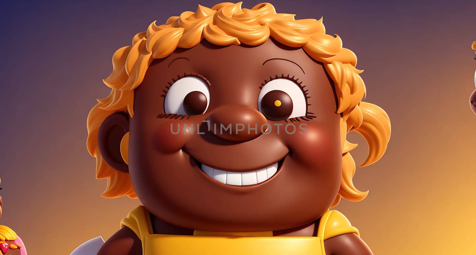 The image is a cartoon illustration of a smiling girl wearing a yellow dress and holding a stuffed animal.