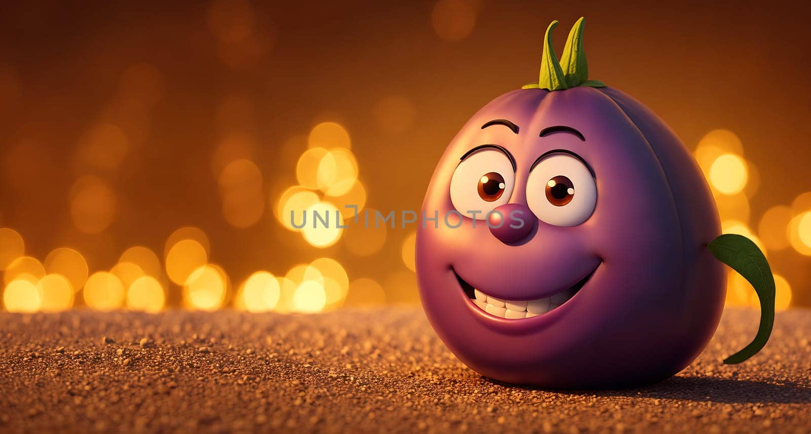 The image is a cartoon character with a smiling face and a green body, standing on a sandy beach at sunset.