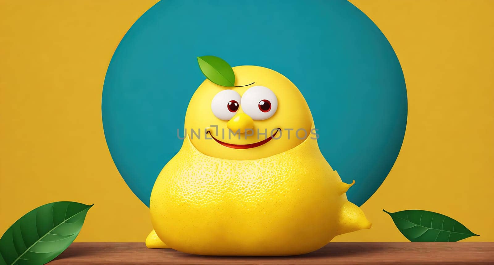 The image shows a yellow lemon sitting on a wooden shelf with leaves and branches around it.