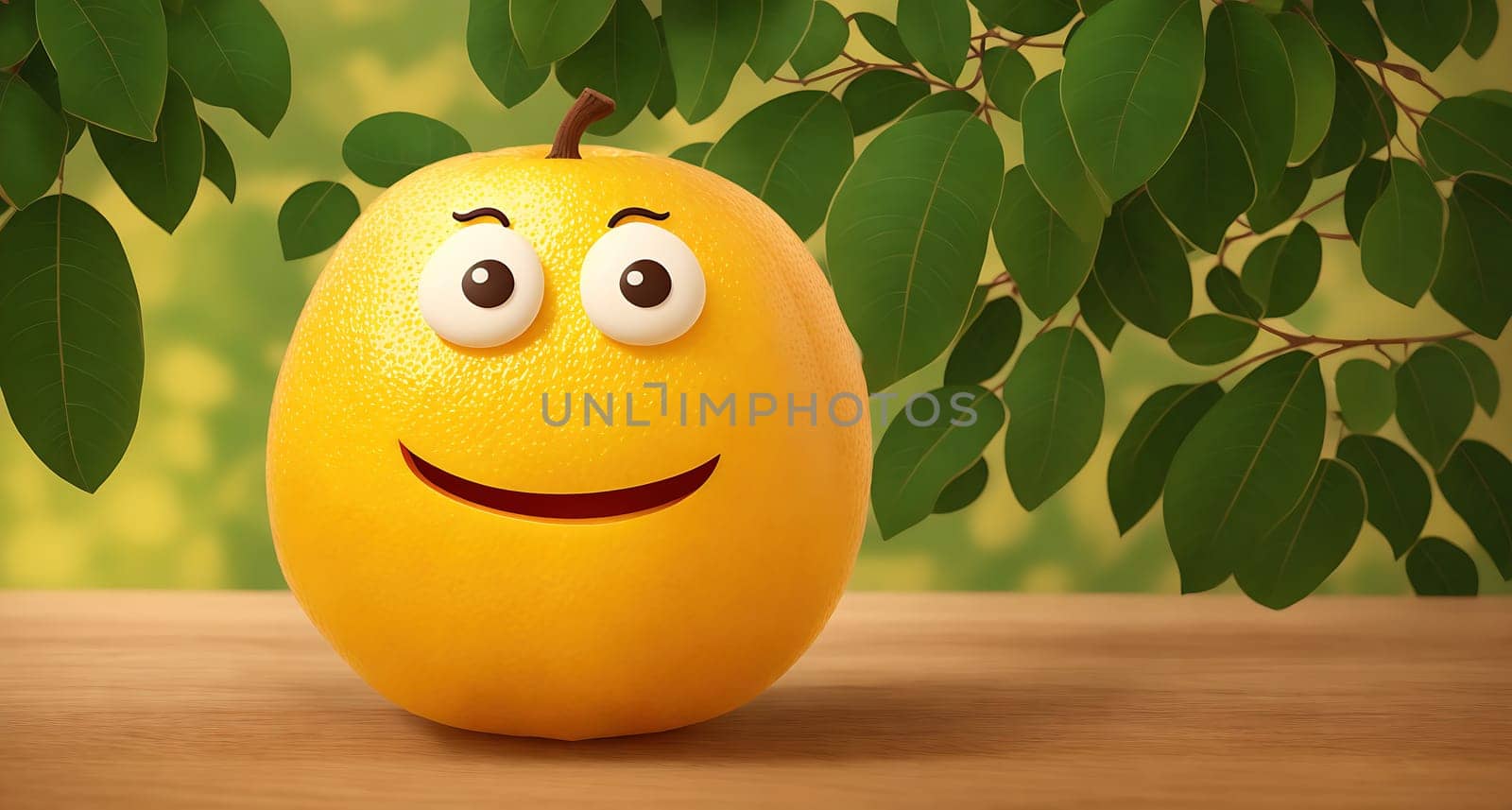 The image is of a yellow lemon sitting on a wooden table with leaves and branches in the background.