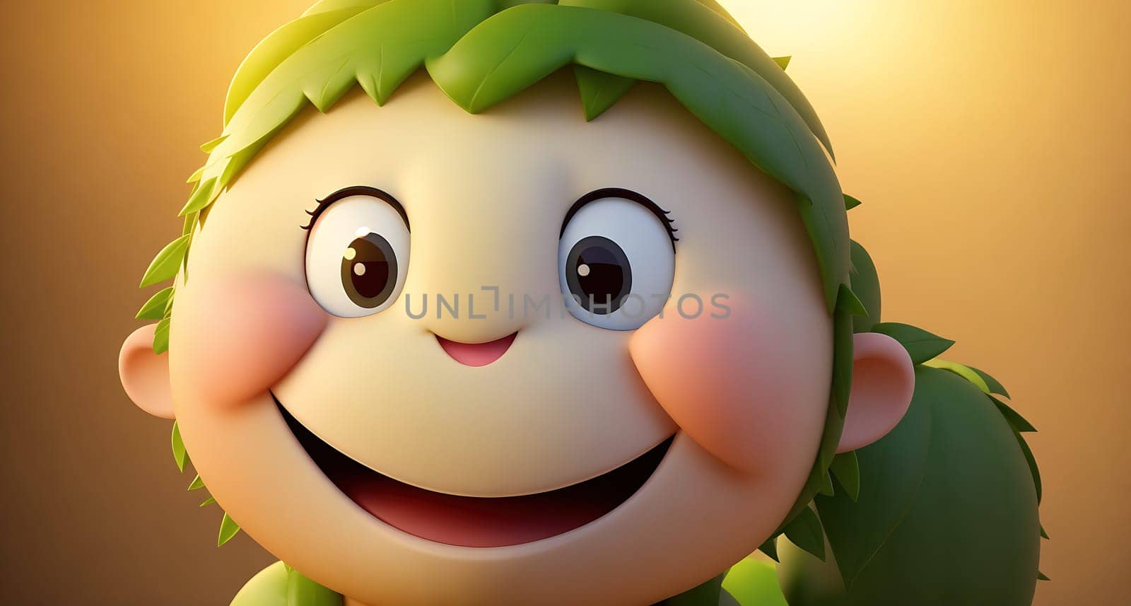 The image is a cartoon character with green hair and a smile on its face.
