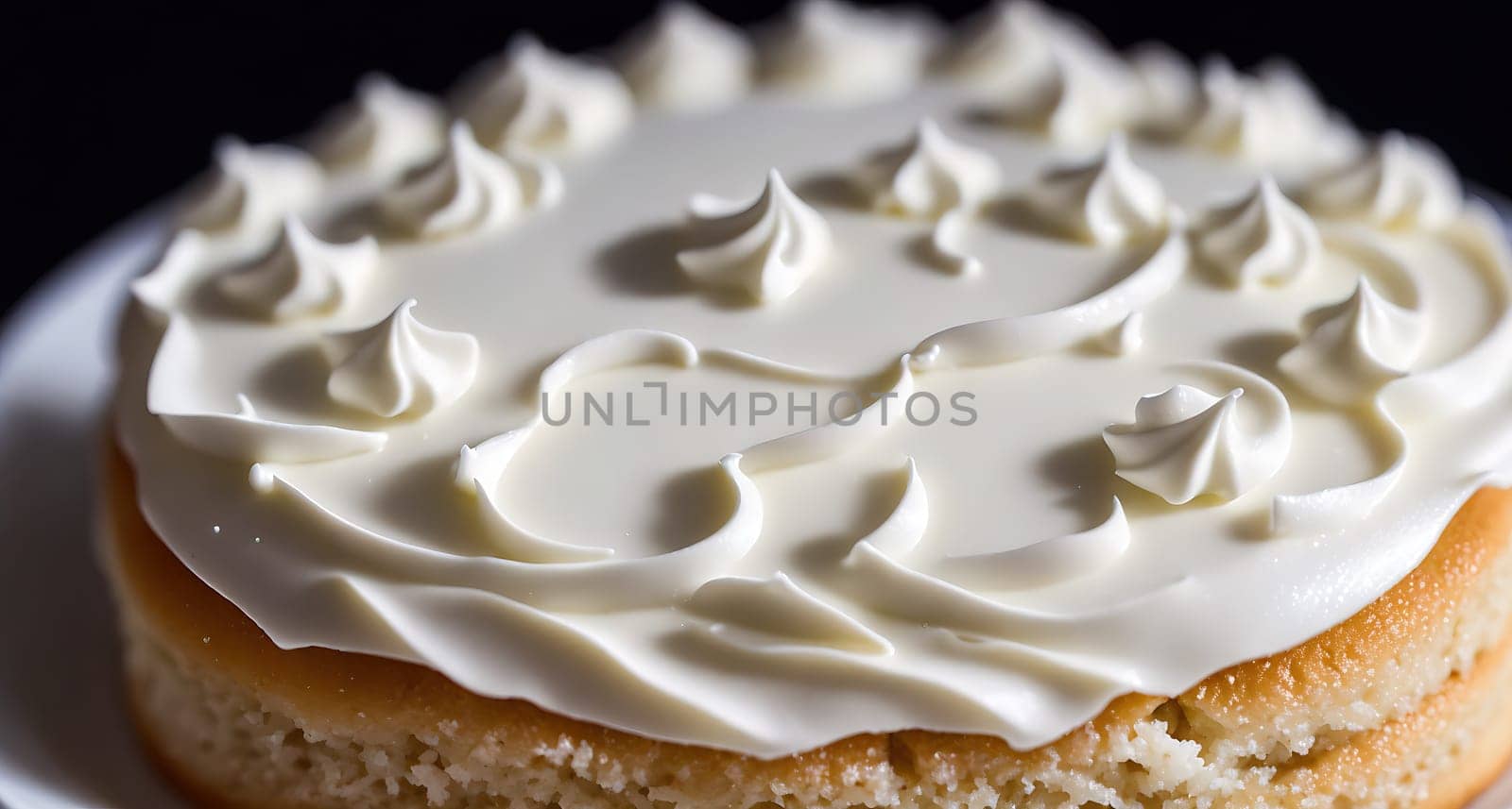 The image is a white cake with frosting on top, sitting on a plate.
