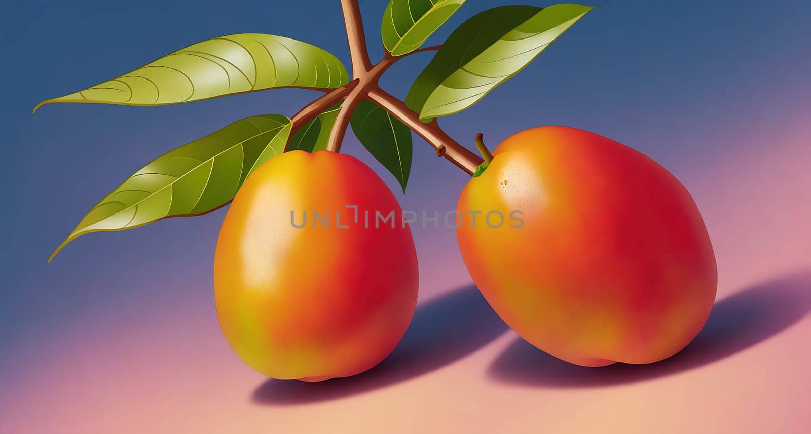 The image shows two ripe mangoes hanging from a branch with leaves.
