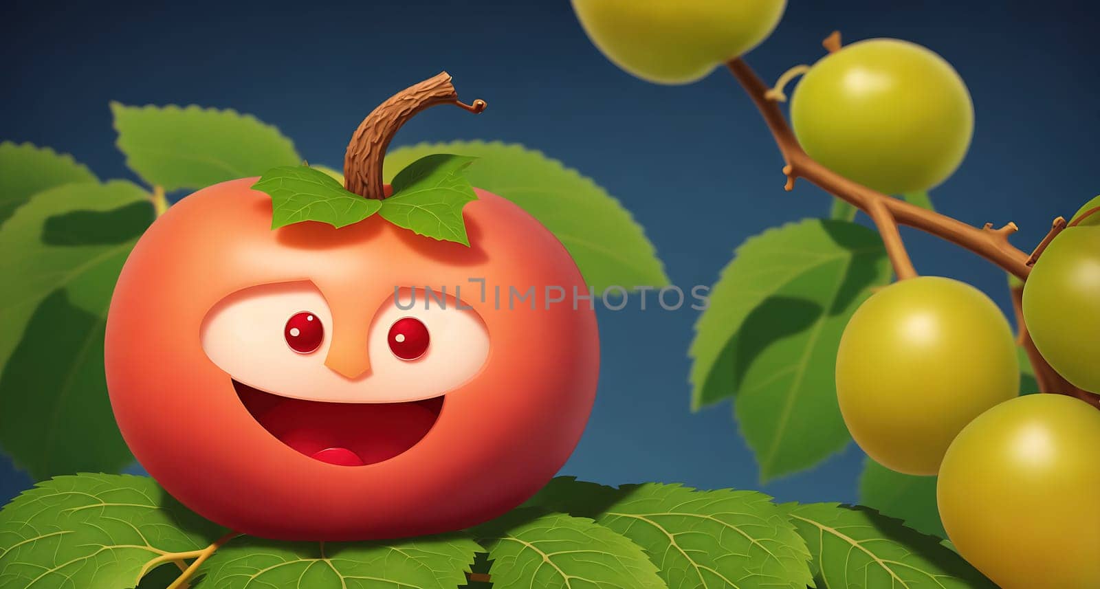 The image shows a cartoon character sitting on a branch of a tree with grapes hanging from it.