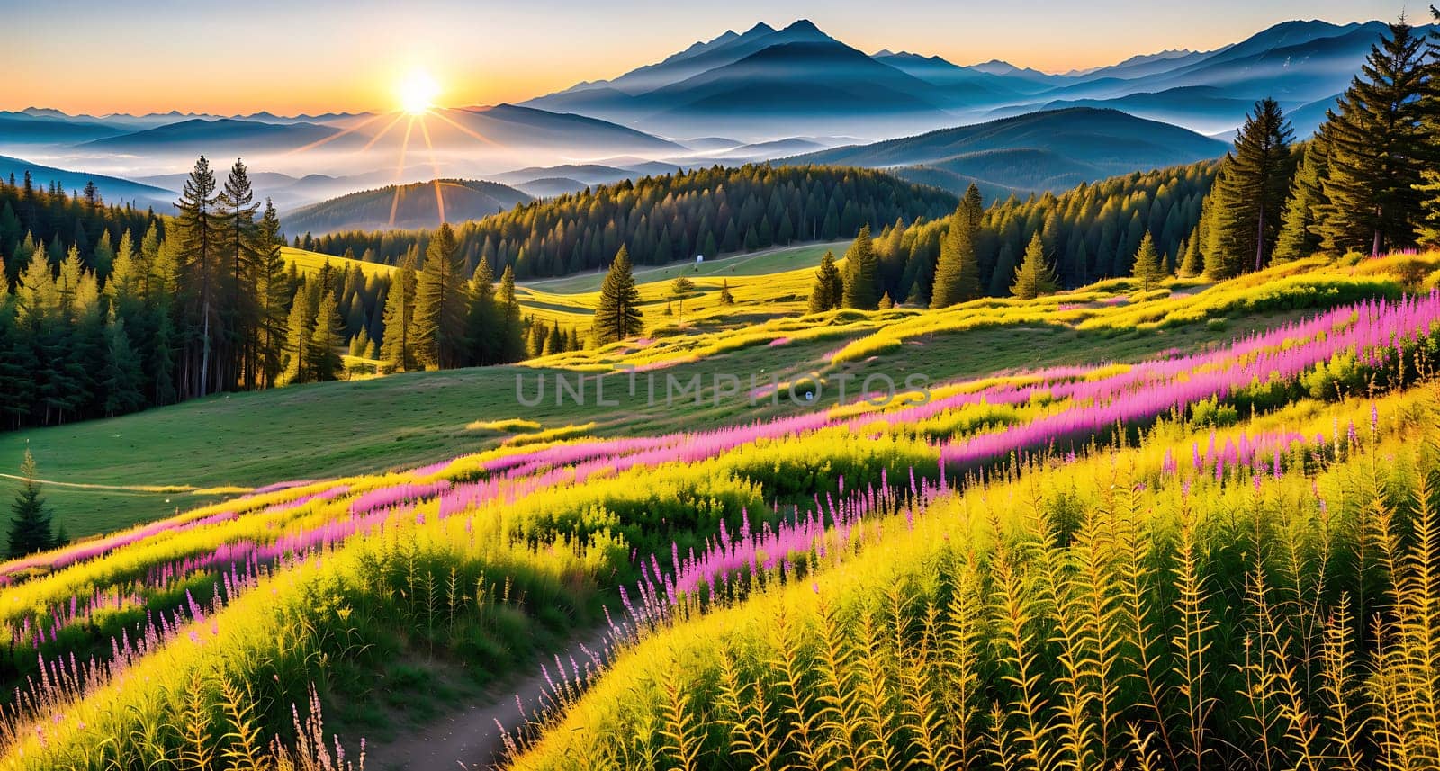The image depicts a serene mountain landscape with lush green grass and wildflowers in the foreground, while the sun sets in the background, casting a warm glow over the scene.