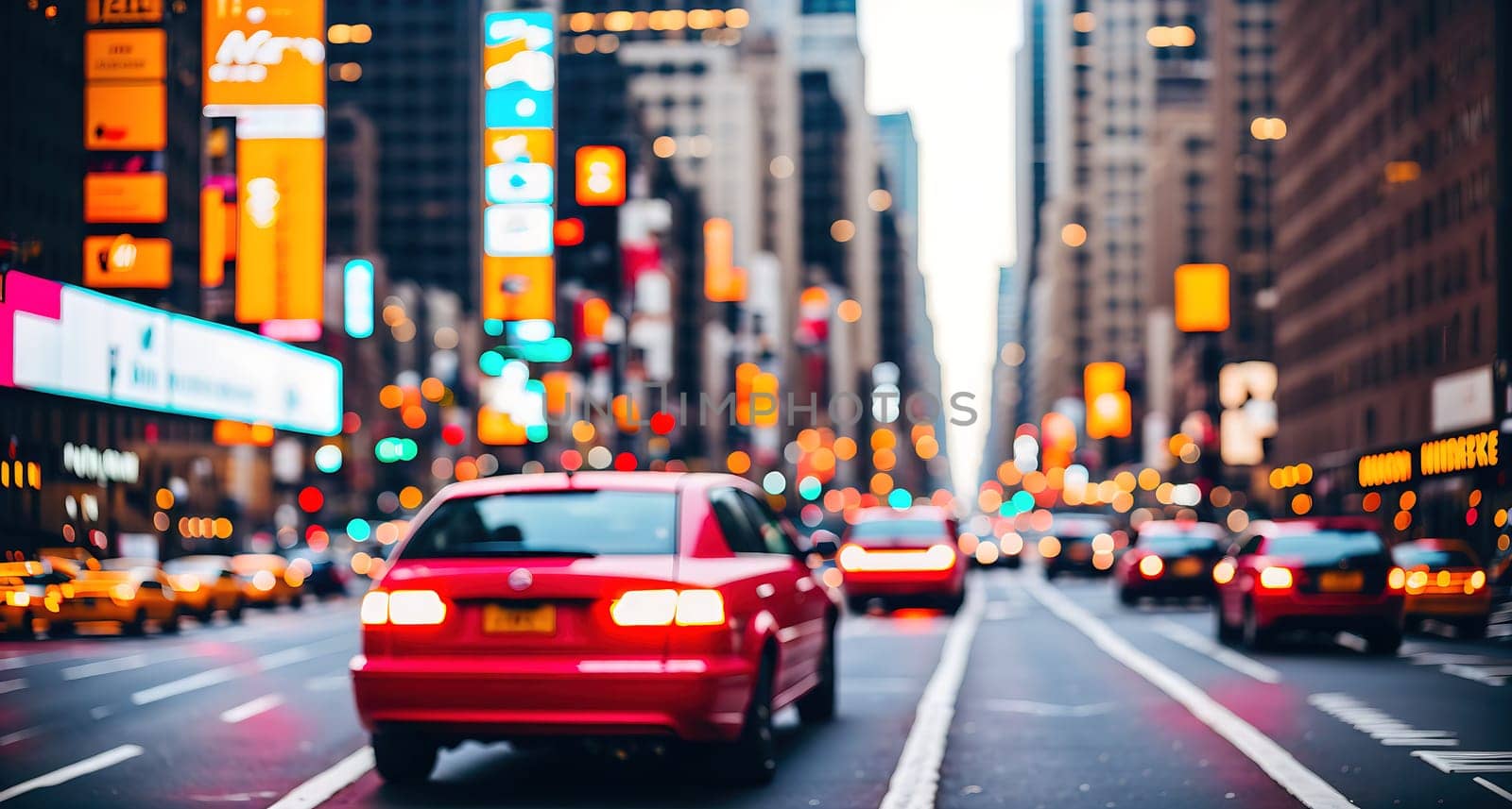 The image shows a busy street with cars and pedestrians in the foreground, and tall buildings in the background.