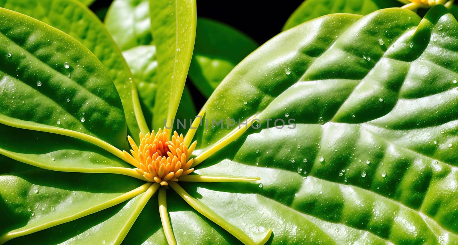 The image shows a close-up view of a green leaf with a yellow flower in the center.