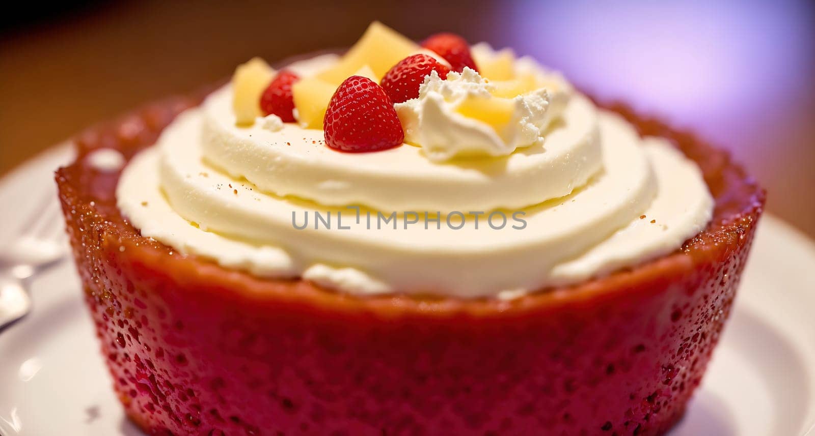 The image is a close-up of a cupcake with white frosting and strawberries on top.