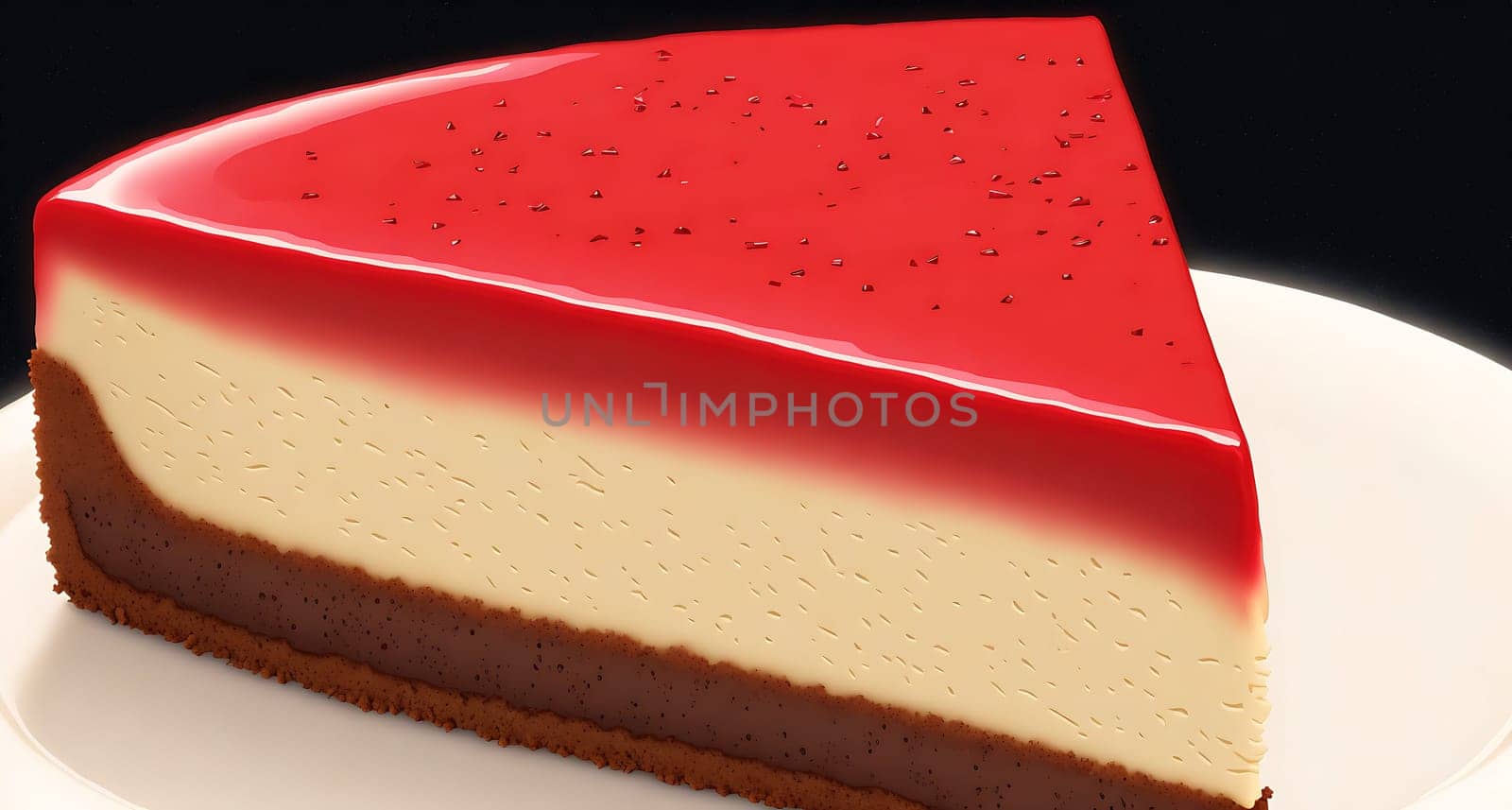 The image is a slice of cheesecake with a pink glaze on top.
