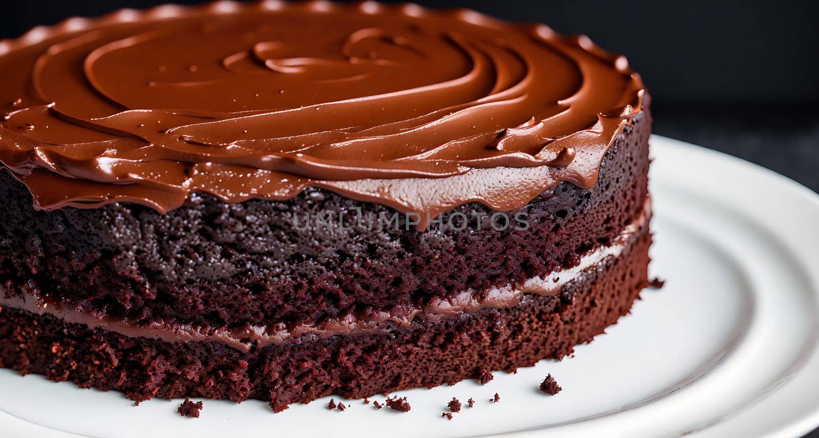 The image is a chocolate cake with frosting on top and a fork on the side.