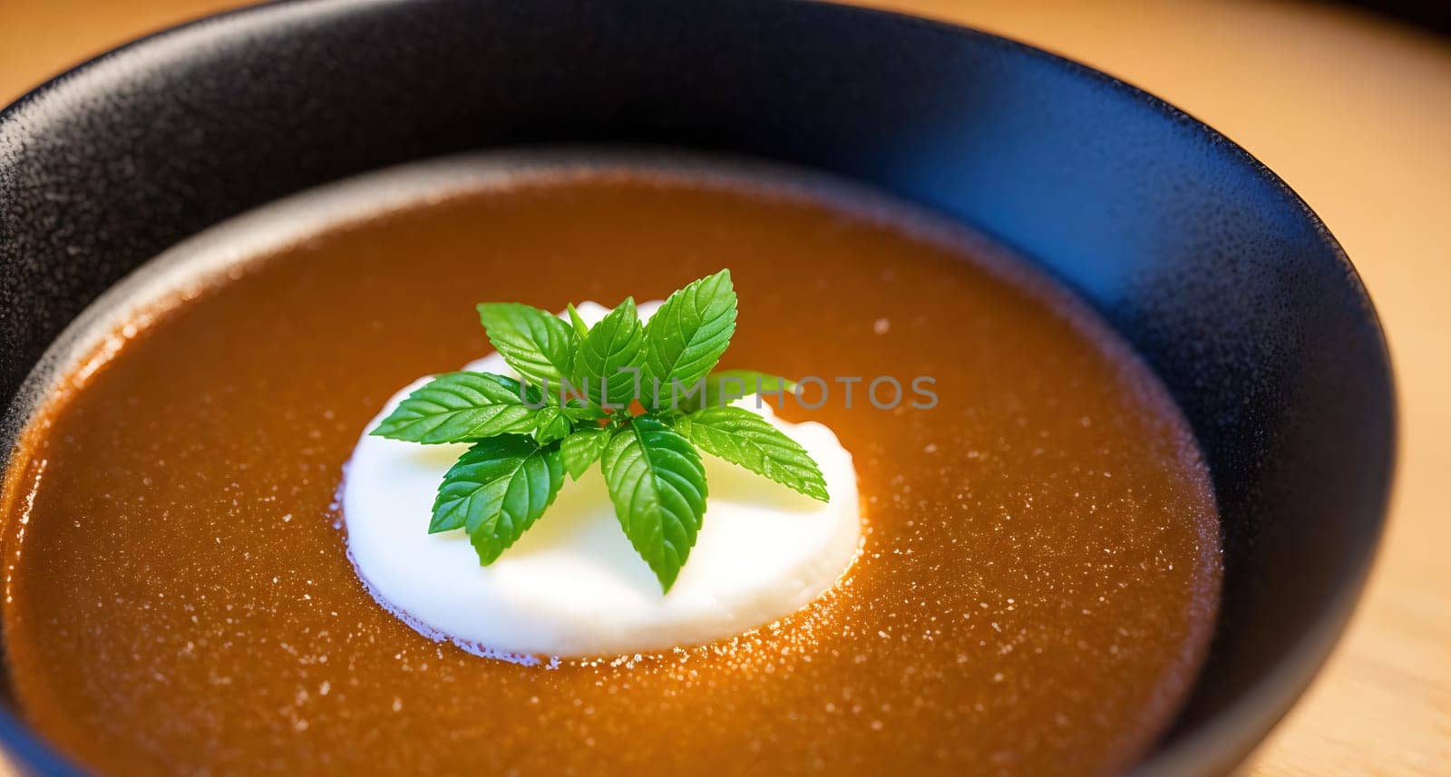 The image shows a bowl of soup with a spoon on the side and a green leaf on top.