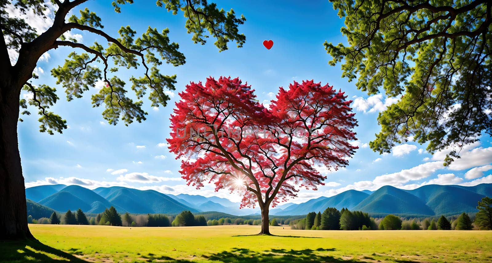 The image shows a red heart shaped tree in the middle of a green field with mountains in the background.