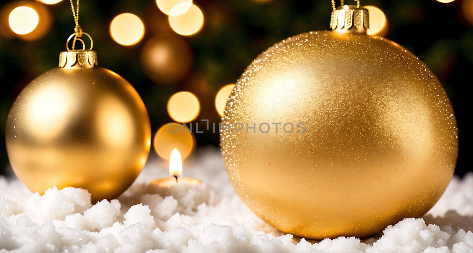 The image shows a gold ornament hanging from a string on a snowy background with Christmas lights in the background.