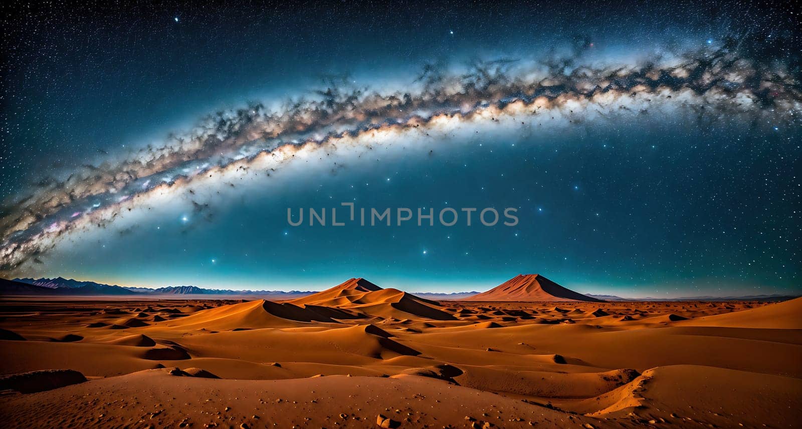 The image shows a vast desert landscape with a large, bright star in the sky, surrounded by mountains in the distance.