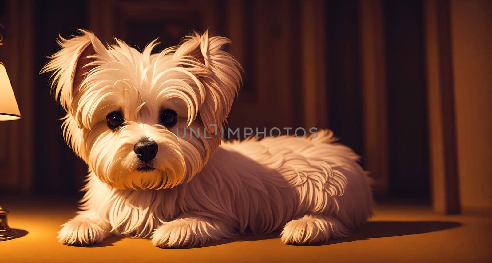 The image shows a small white dog sitting on the floor with its head tilted to the side and its ears perked up, looking at the camera.