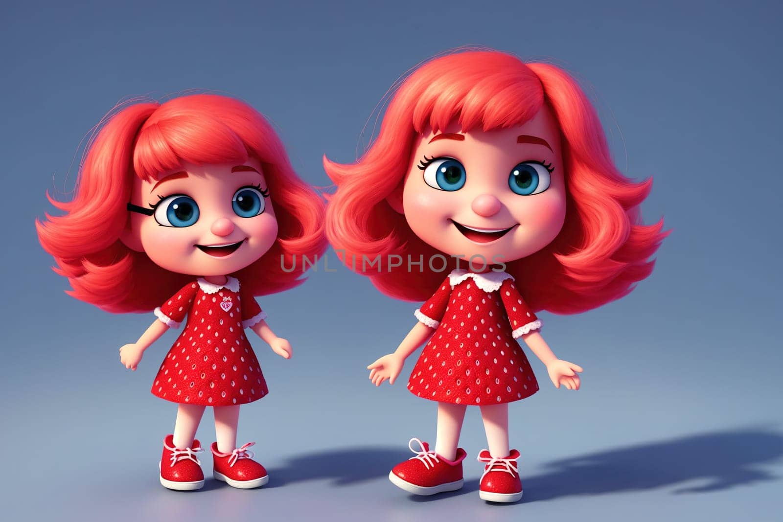 The image shows a cartoon character wearing a red dress and white shoes, standing in front of a gray background.