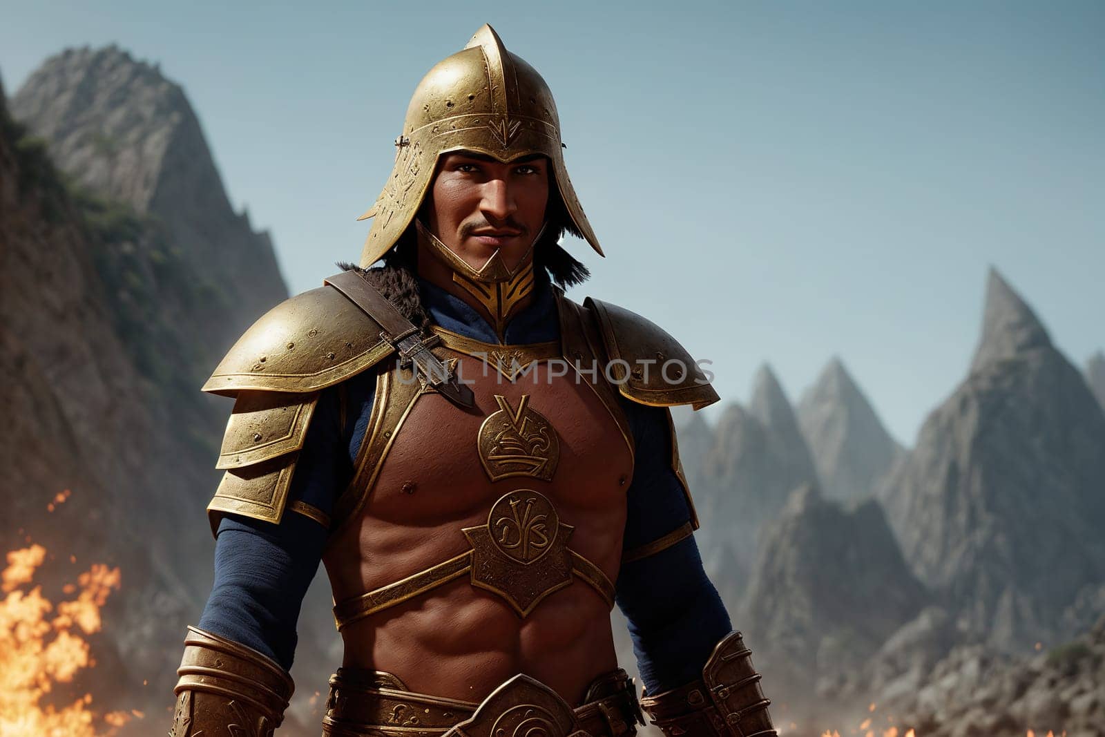The image shows a man wearing armor and standing in front of a mountain range, with flames burning in the background.