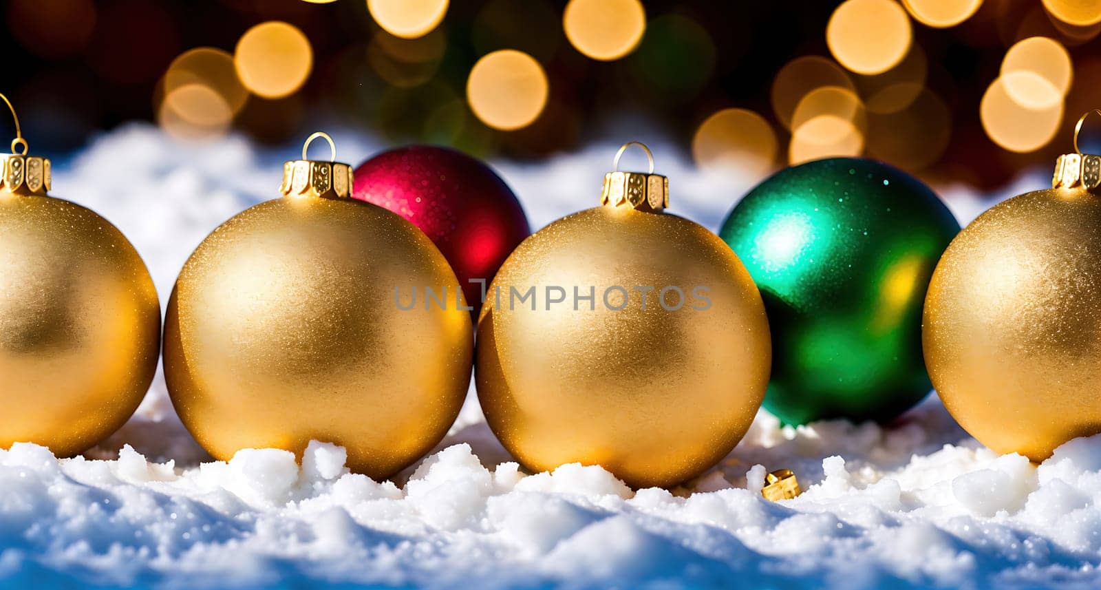 The image shows a group of gold and red Christmas ornaments hanging from a branch in the snow.