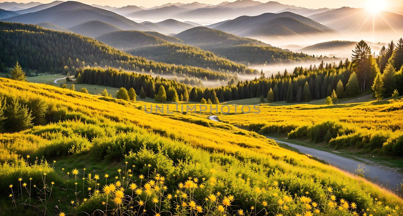 The image shows a serene mountain landscape with green grass and trees in the foreground, leading up to a mountain range in the background with the sun shining through the clouds.