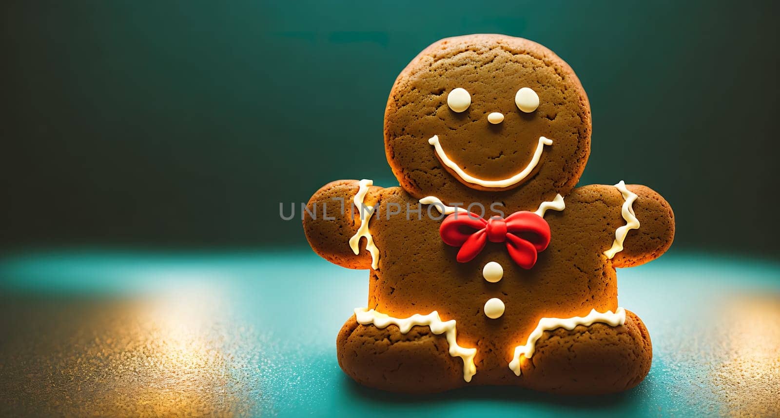 The image is a close up of a gingerbread man with a red bow tie and a smile on his face.