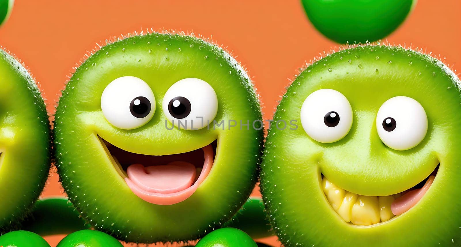The image shows three green fruits with smiling faces, one of them is wearing a hat and the other two are holding hands.