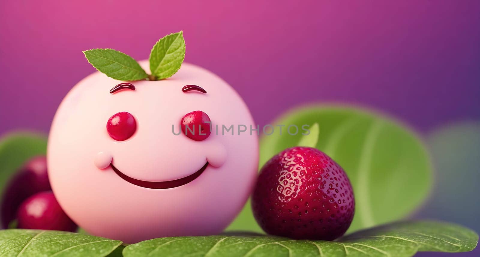 The image shows a smiling strawberry sitting on a leaf with a sprig of mint leaves around it.