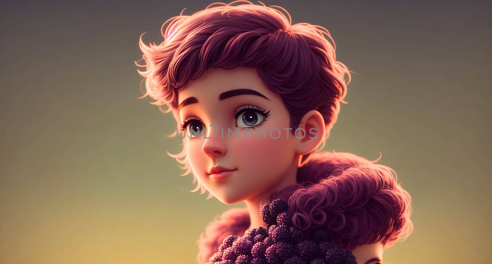 The image shows a young girl with pink hair and a blue dress standing in front of a sunset.