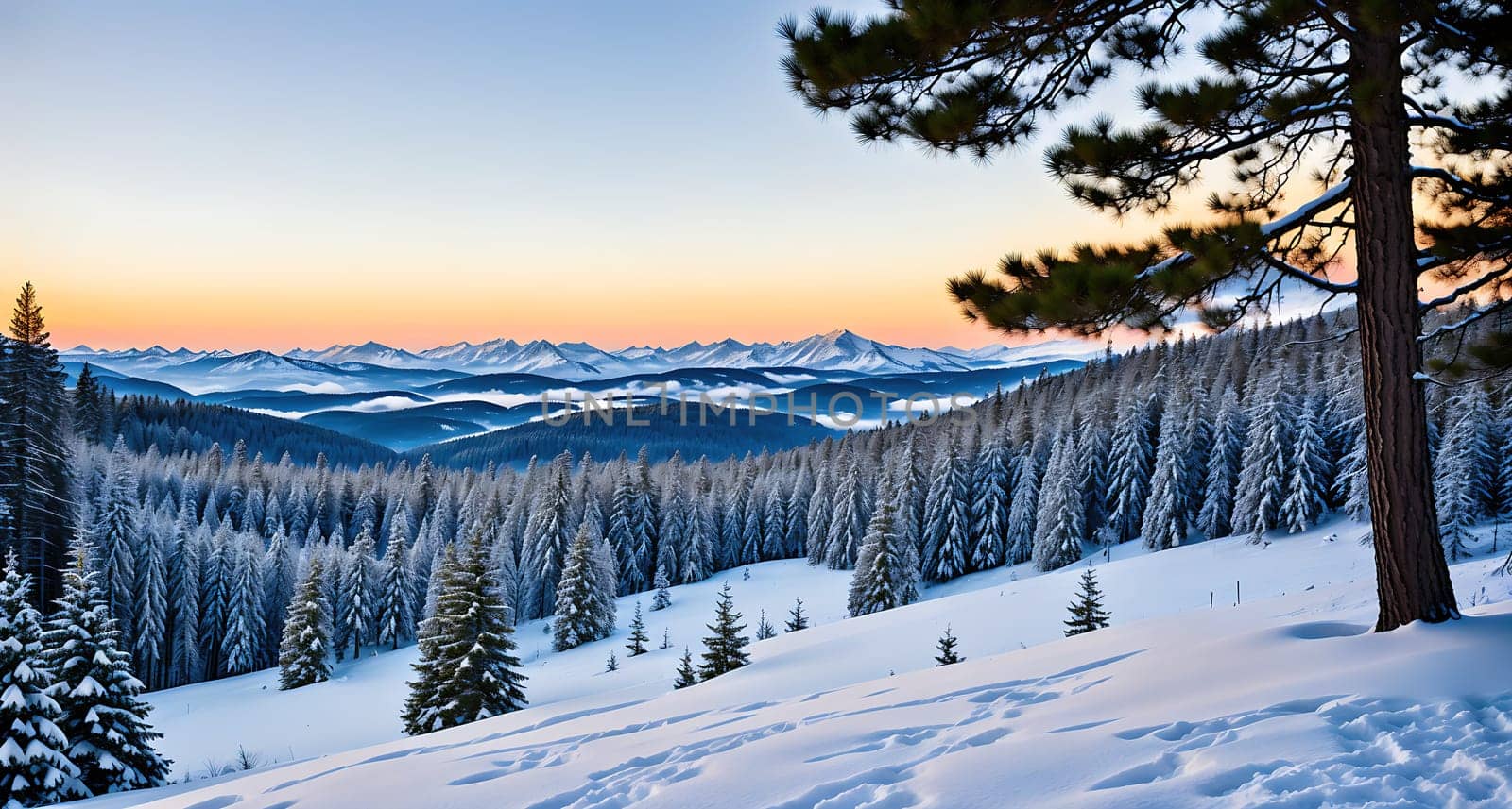 The image shows a snowy mountain landscape with trees and a clear blue sky in the background.