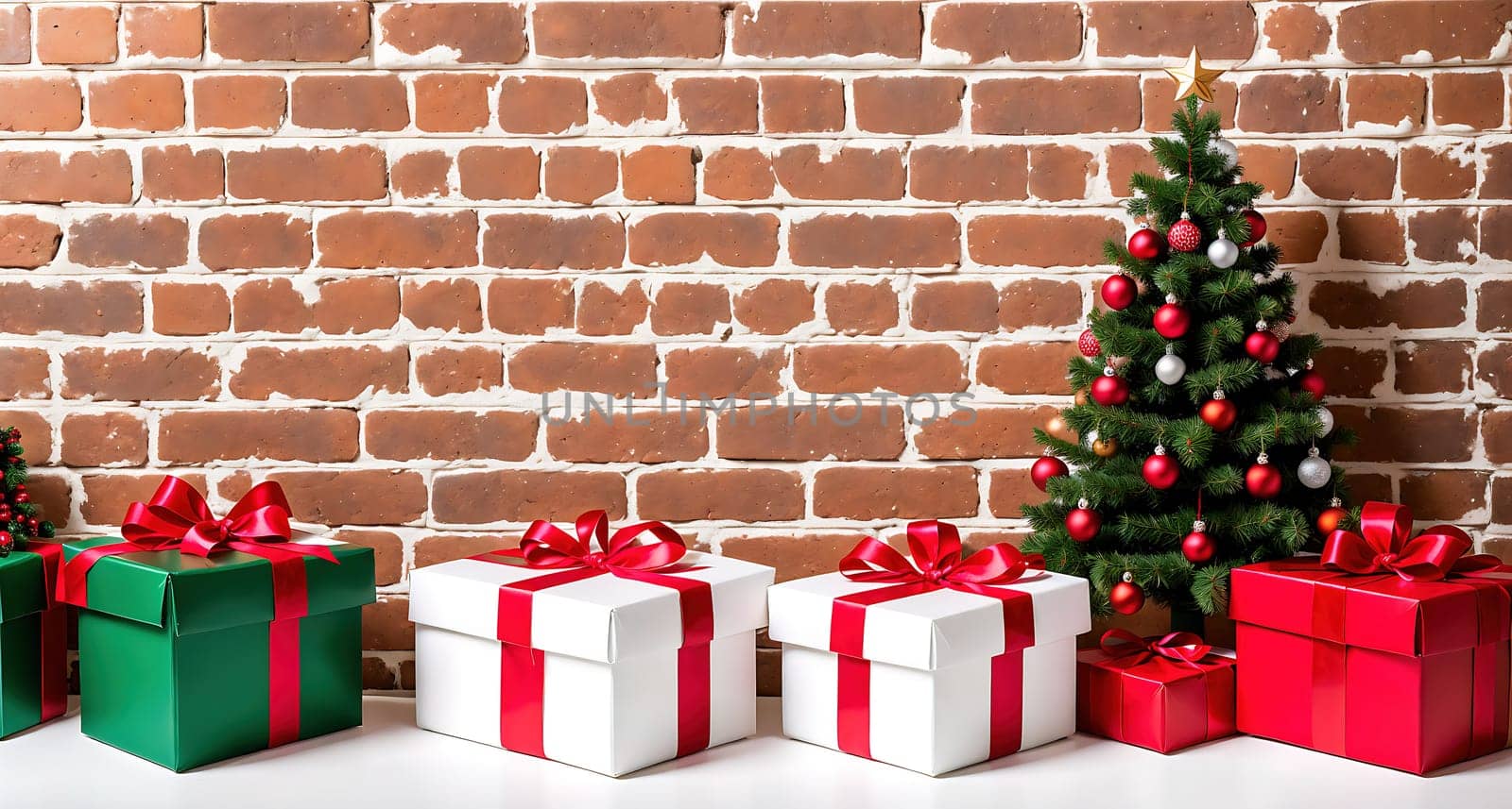 The image shows a brick wall with a Christmas tree in the foreground, surrounded by presents and decorations.