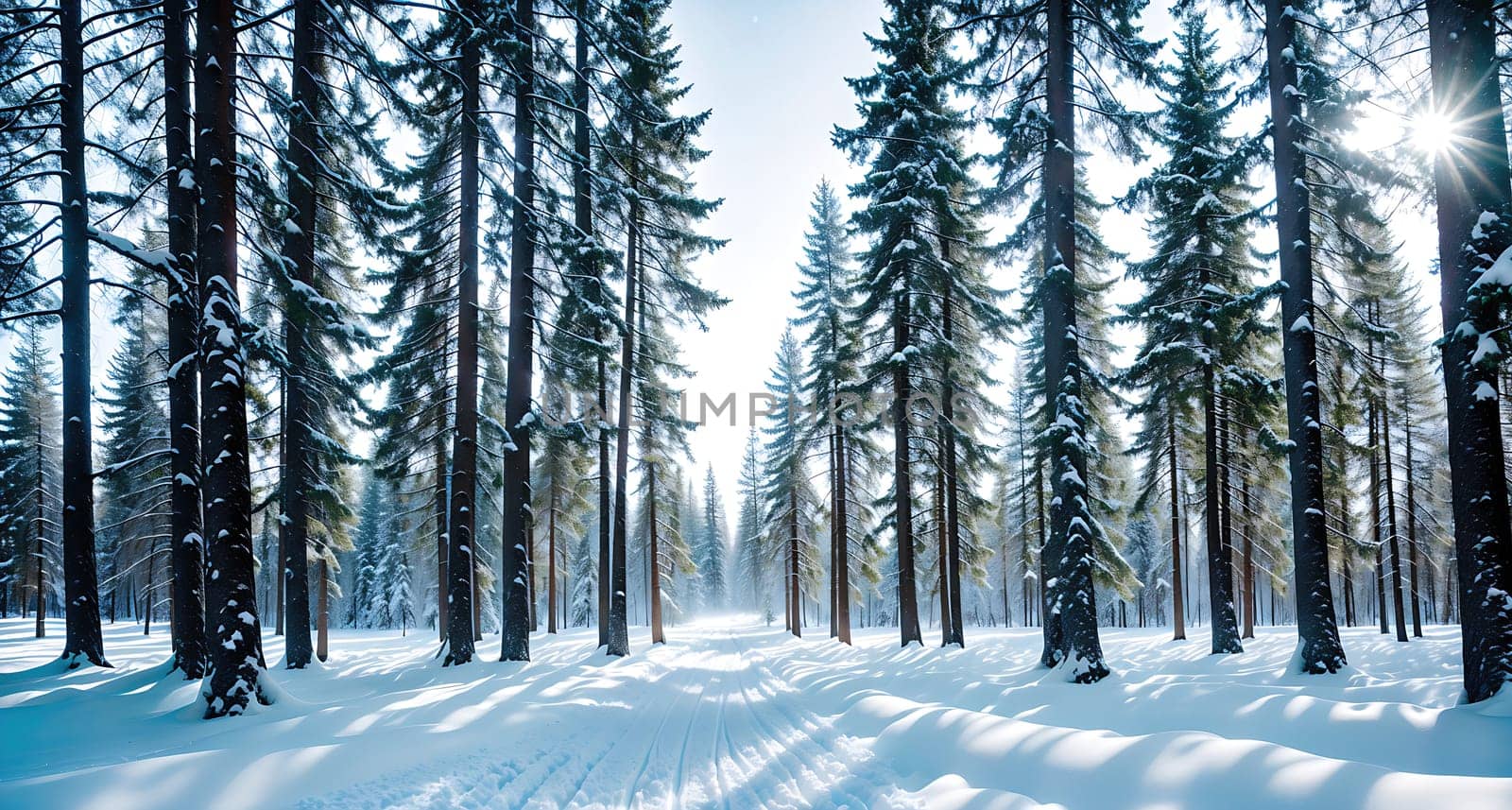 The image shows a snowy forest with tall pine trees in the background and a path leading through the snow.