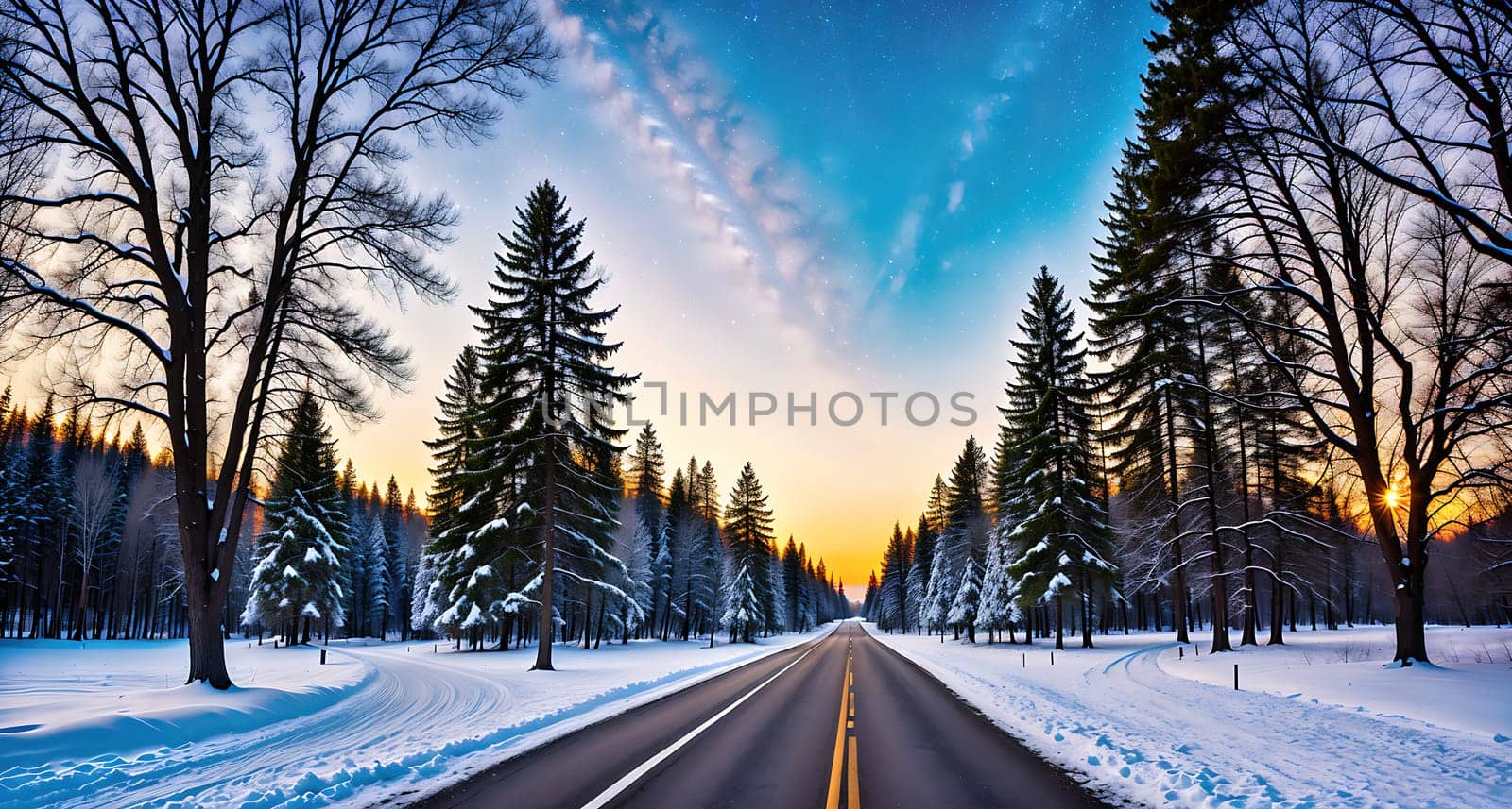 The image shows a snowy road with trees on either side, leading to a distant horizon.
