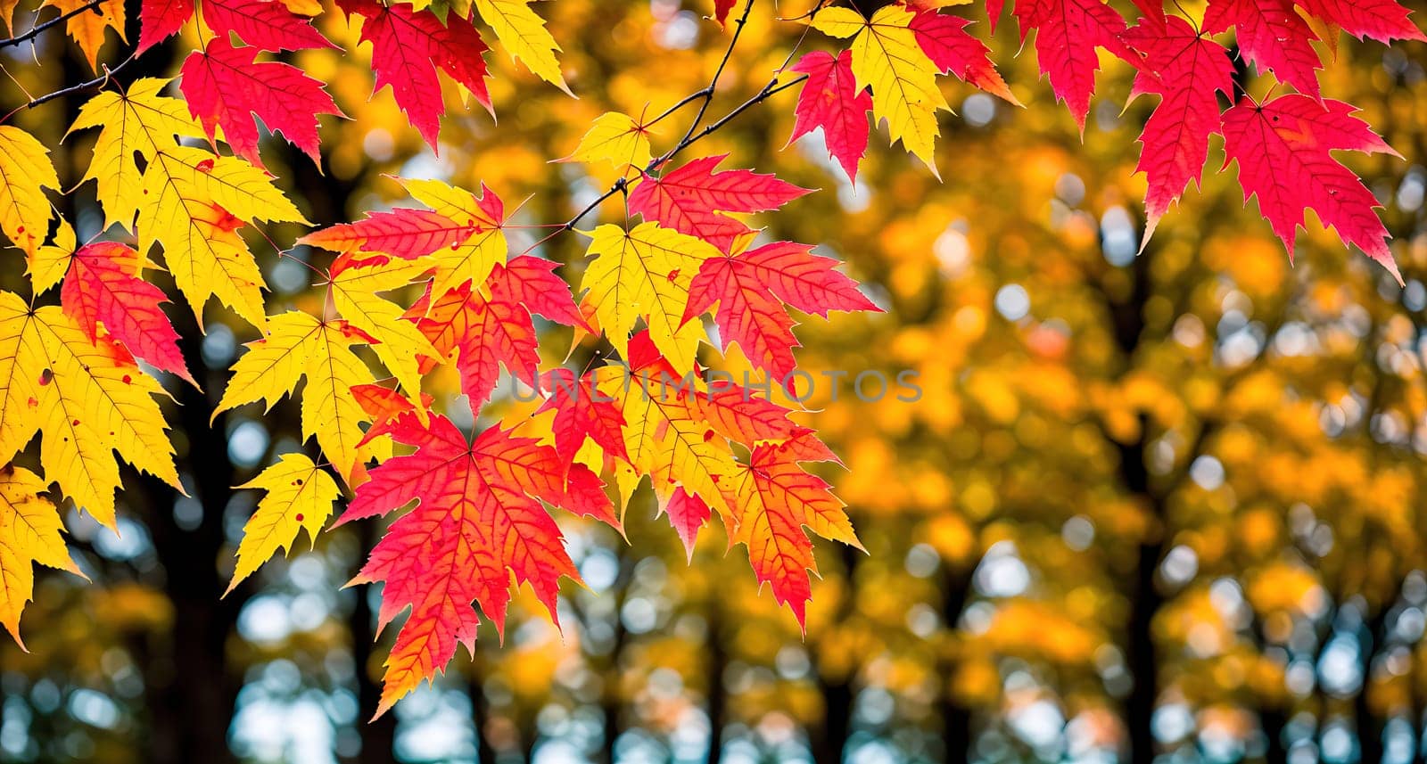The image shows a group of red and yellow leaves hanging from a tree in a forest.