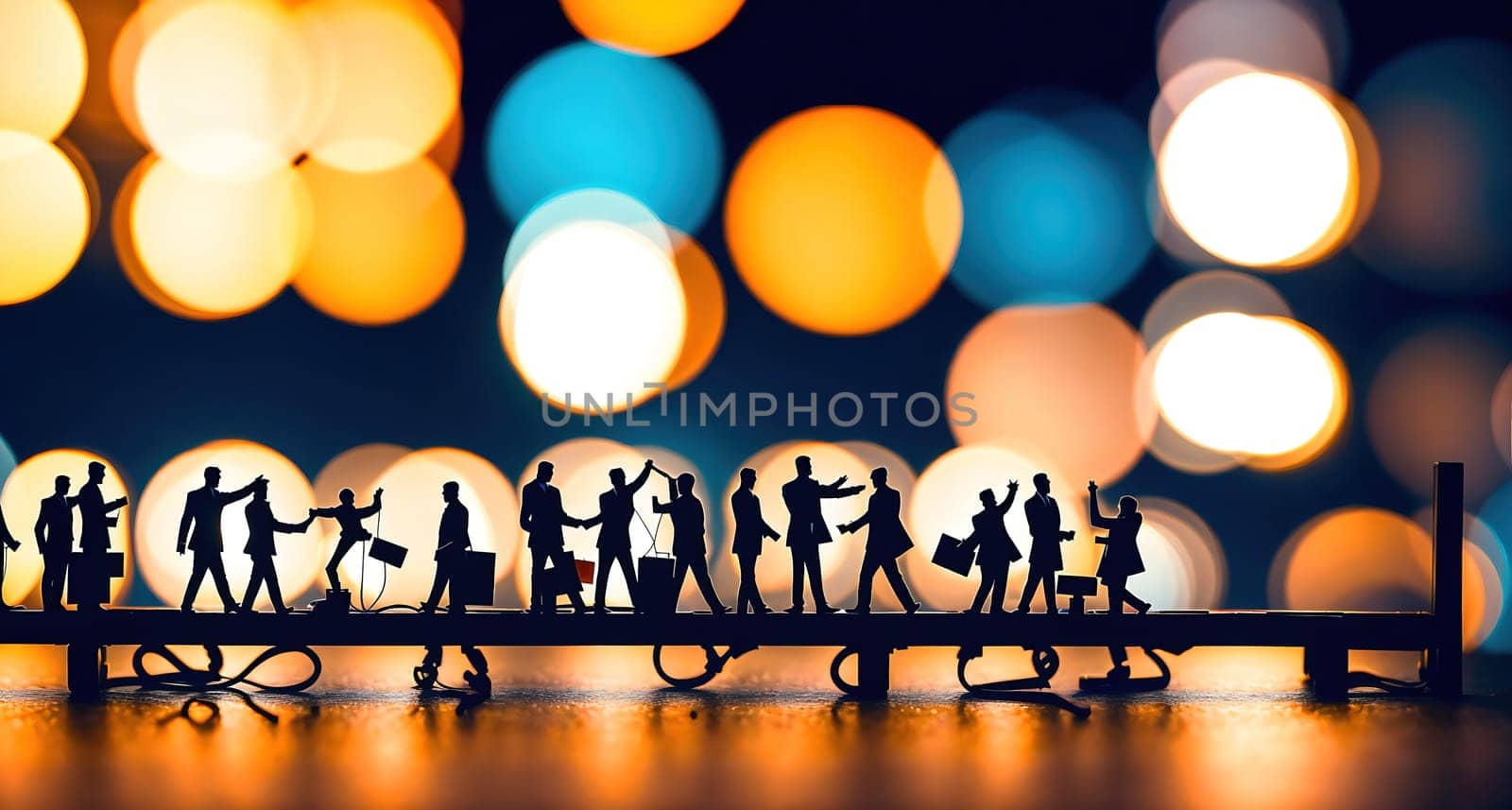 The image depicts a group of people standing on a bridge over a body of water, with blurry lights in the background.