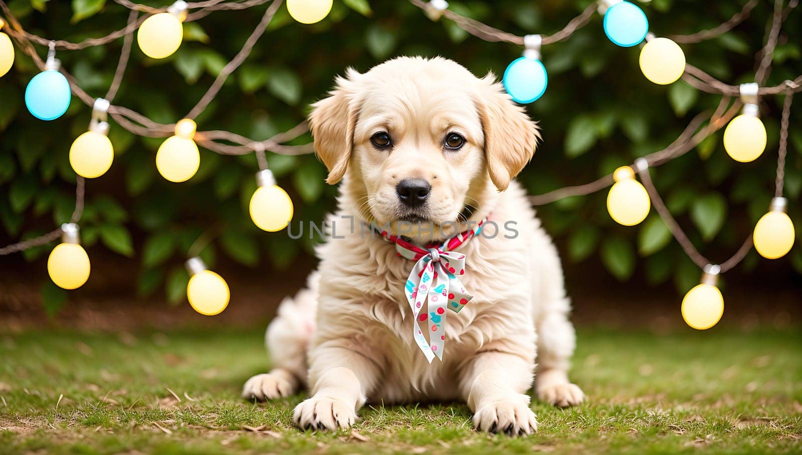 The image shows a cute golden retriever puppy sitting in front of a string of lights, looking up at the camera with its big brown eyes.
