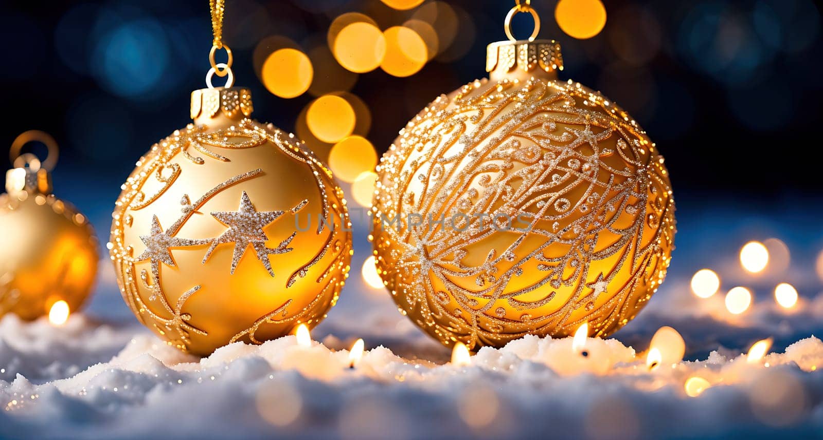 The image shows a gold ornament hanging from a string in the snow, surrounded by other ornaments and lights.