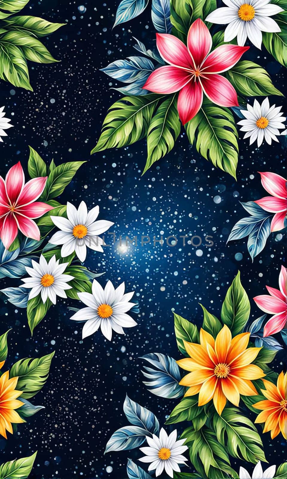 Serene lotus flowers on blue background adorned with stars. Starry background adds sense of mystery, magic to overall impression of image. For art, creative projects, fashion, style, social media