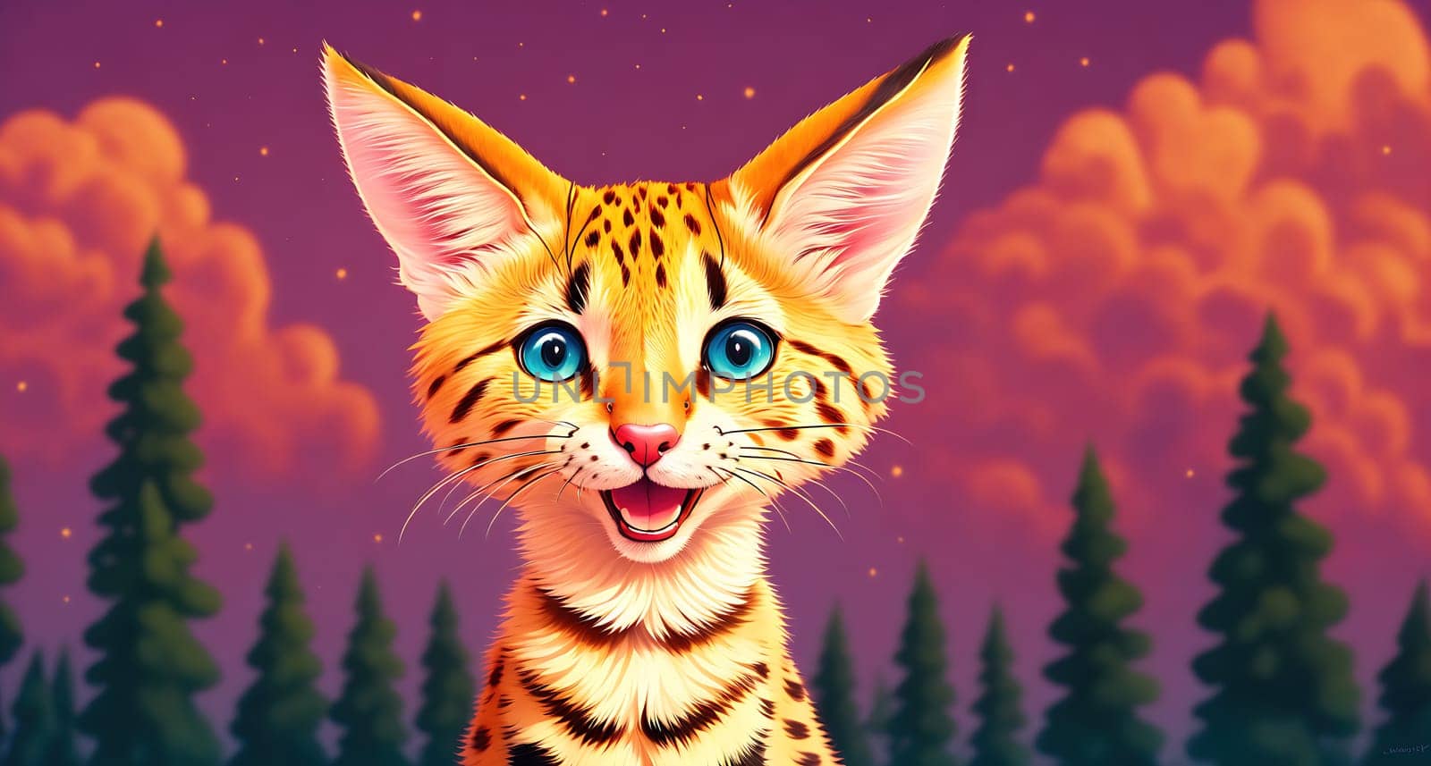 The image is a cartoon illustration of a Bengal cat with blue eyes and a fluffy coat, standing in front of a forest with trees and a full moon in the background.