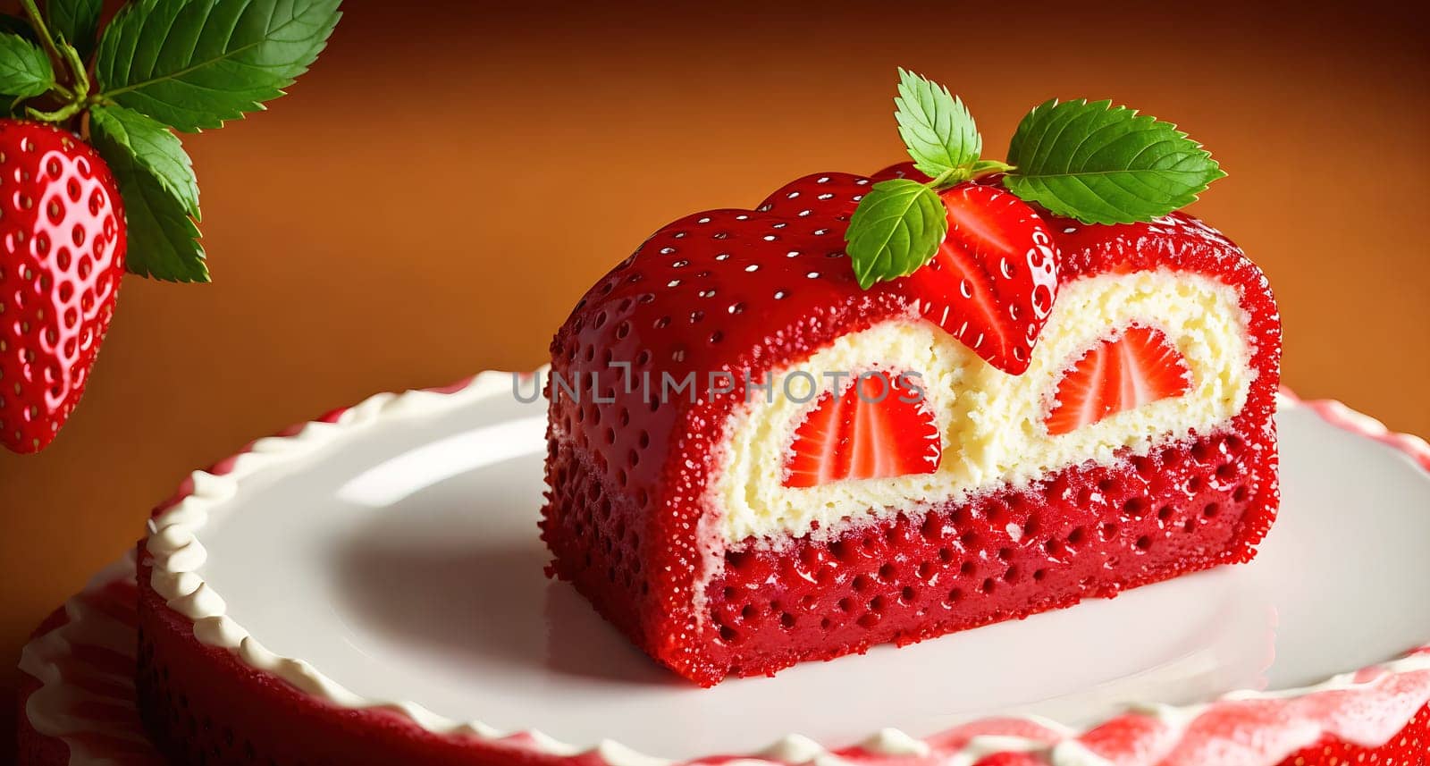The image is a red velvet cake with strawberries on top and a slice taken out of it.