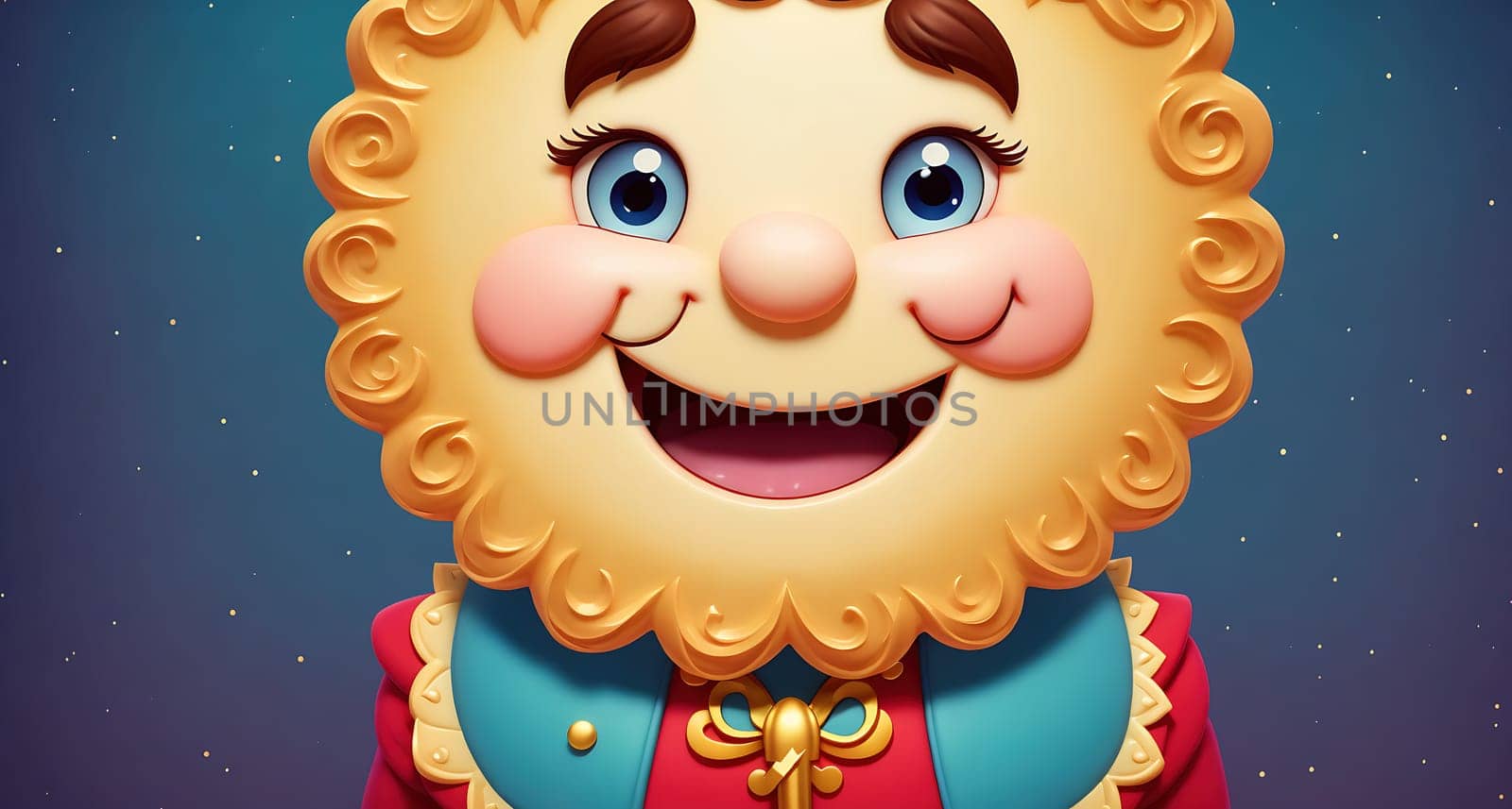 The image depicts a cartoon character wearing a red and white costume, with a happy expression on its face.